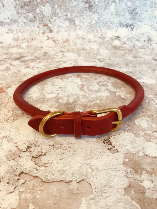 Hand stitched red rolled leather dog collar