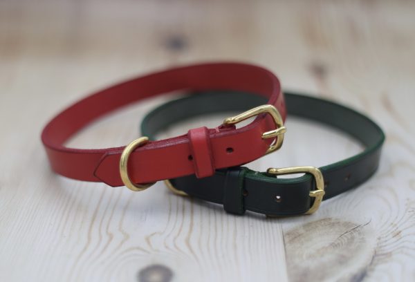 Red and Green bridle leather dog collars